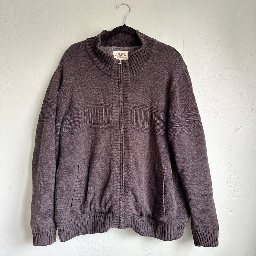 Vintage Boston Traders Gray Sherpa Lined Sweater Jacket XL Preppy Grandpacore‎